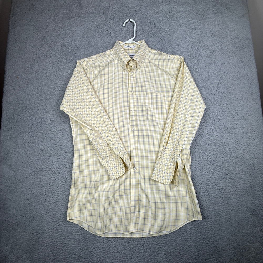 Paul Fredrick Mens Yellow Blue Plaid Button Down Shirt 16 1/2 Trim Fit Non Iron